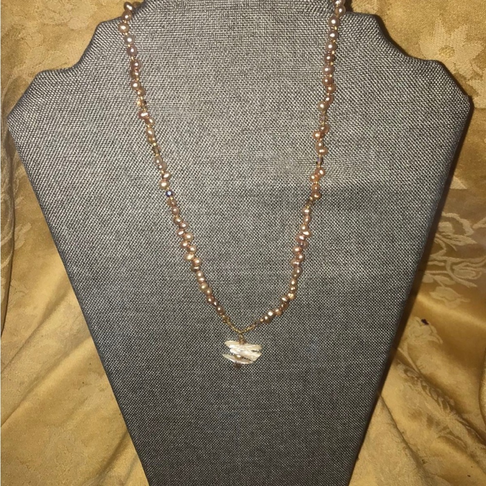 Lustrous Gold Pearl Necklace with Crystal Pendant